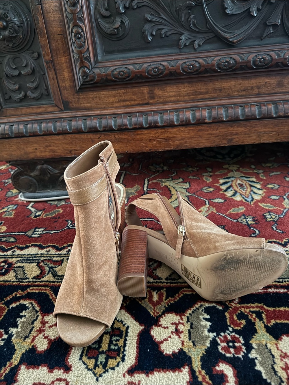 White House Black Market Camel Suede Peep-Toe Block Heel Booties